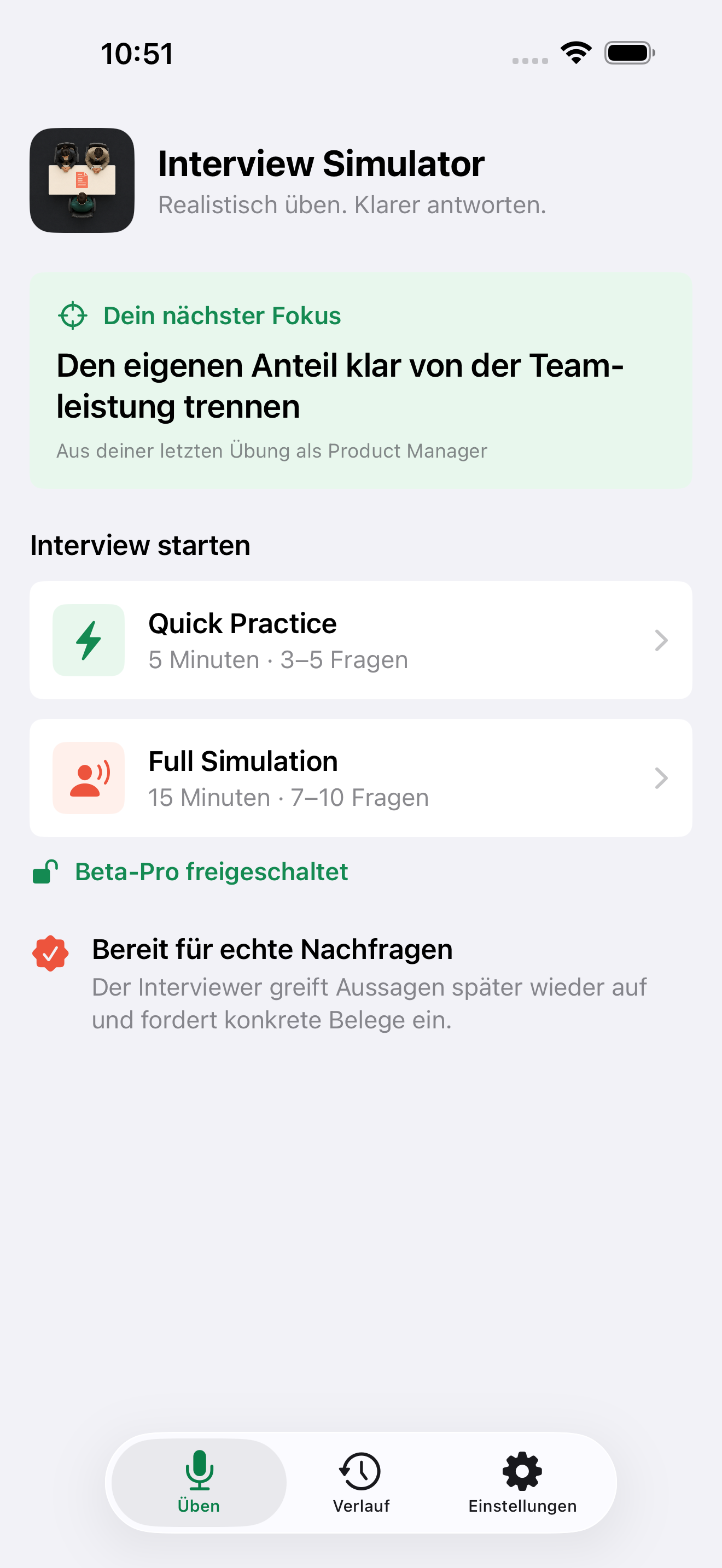 Startansicht des Interview Simulator