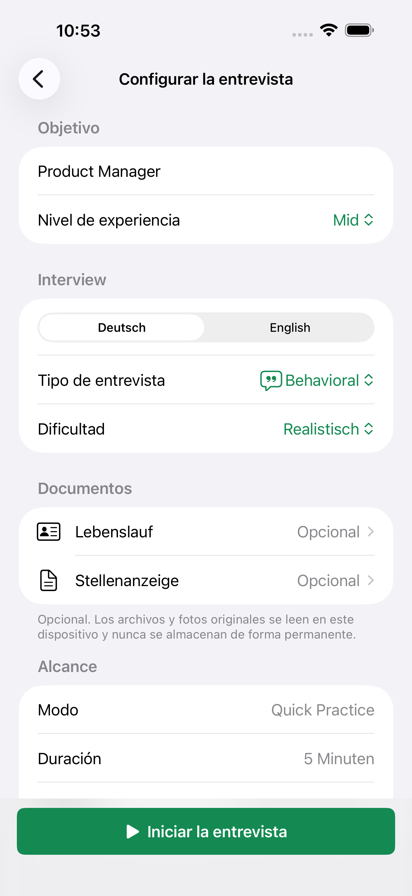 Configuración de la entrevista