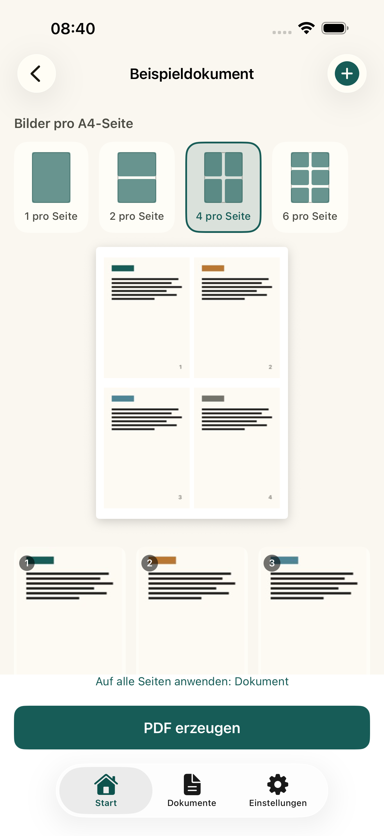 Editor mit Layout-Auswahl und Blattvorschau